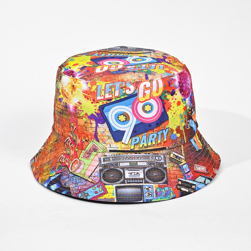 Klasyczny dwustronny kapelusz bucket modny graffiti wiosna i lato nowy retro daszek przeciwsłoneczny
