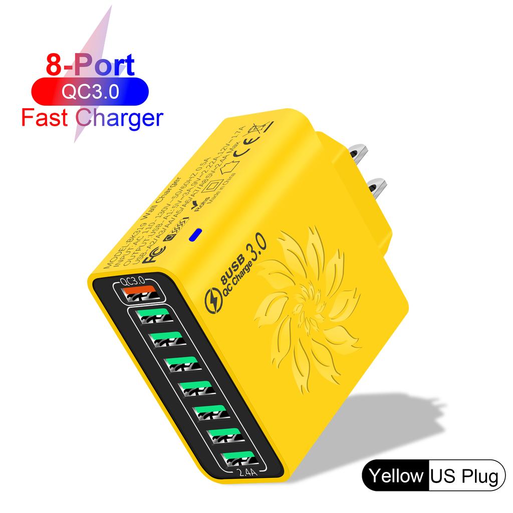 65W 8 Ports USB Charger QC Fast Charging EU/US/KR/UK Plug Fast Charger Power Adapter For iPhone 15 Xiaomi Samsung Wall Charger