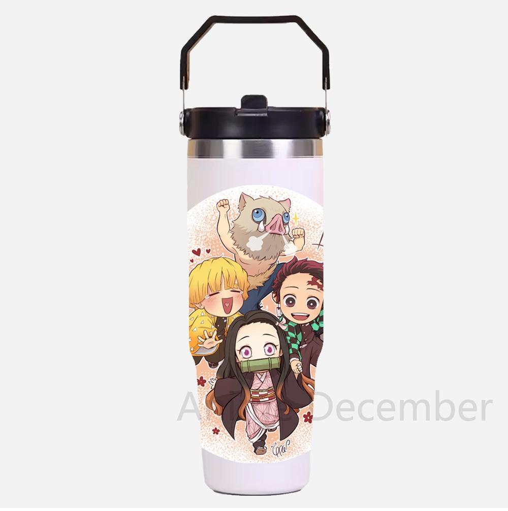 30oz Anime Portable Car Cup Stainless Steel Thermos Cup with Straw Travel Sport Water Bottle Handle Cover Coffee Vacuum Flask