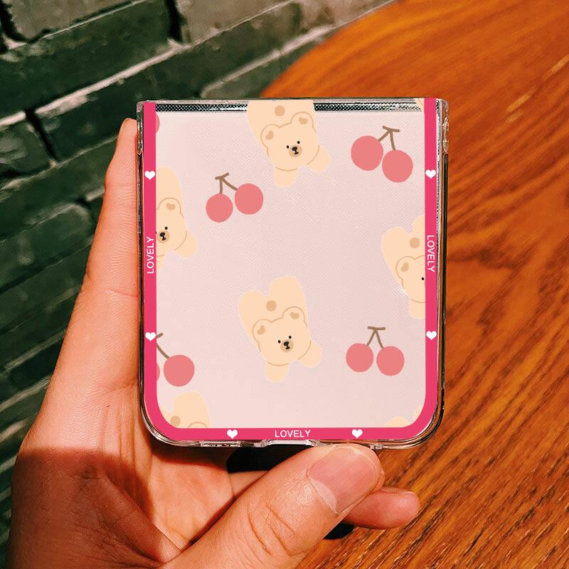 For Samsung ZFlip 5 4 6 Cute Cartoon Bear Case for Samsung Galaxy Z Flip 6 5 4 3 Flip5 ZFlip4 Cherry Hard Clear Cover Fundas