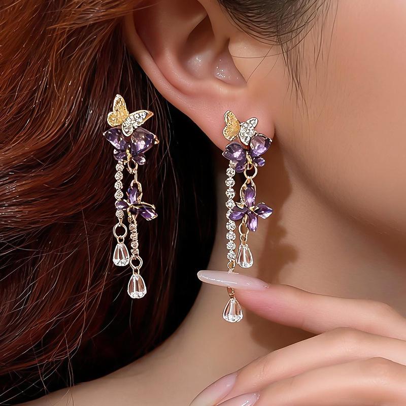 Elegant Silver Needle Butterfly Tassel Earrings: Luxury Diamond-Inlaid Studs for a High-End Fashion Statement. Perfect Versatile Accessory for Women.