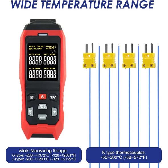 4-Channel K-Type Thermocouple Thermometer, -328 to 2502°F HVAC Thermometer with Color Dual Display, USB Data Export