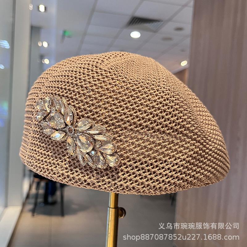 Spring and summer new fashion heavy industry rhinestone cap women's outdoor versatile light luxury handmade full of diamonds thin newsboy hat