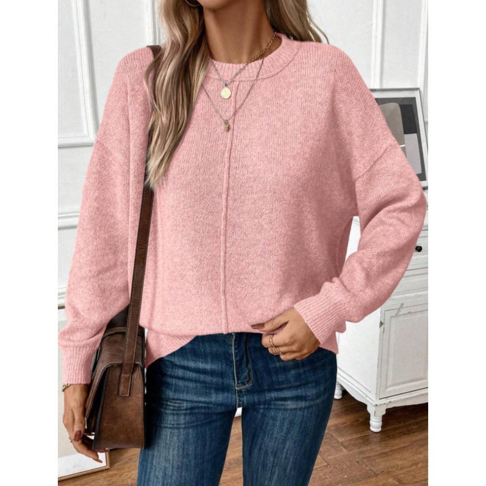 

2024 new autumn and winter new popular loose fashion round neck solid color knitted sweater XL рожевий