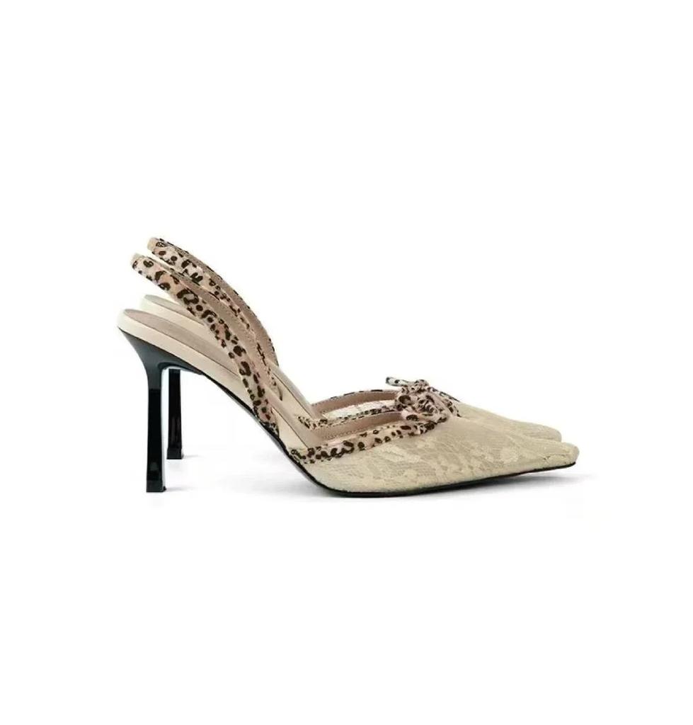 2025 New Women's Sandals High Heel Leopard Print Lace Pointed Toe Bow Heels Women Dress Sexy Designer Style Zapatillas De Mujer