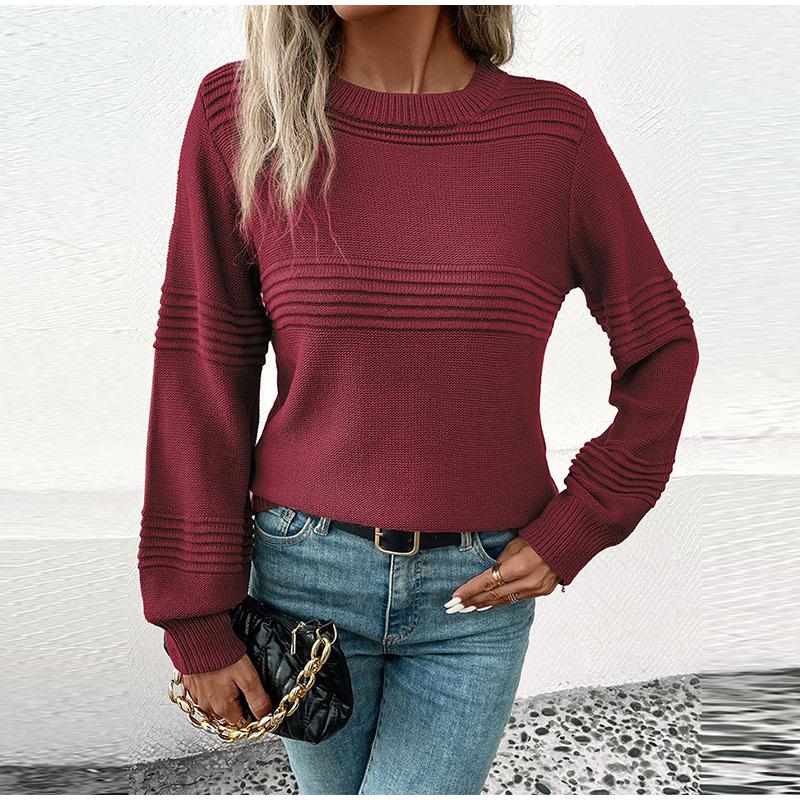 Autumn Casual Top Multi-Color Crew Neck Long Sleeve Jacquard Solid Color Women Sweater