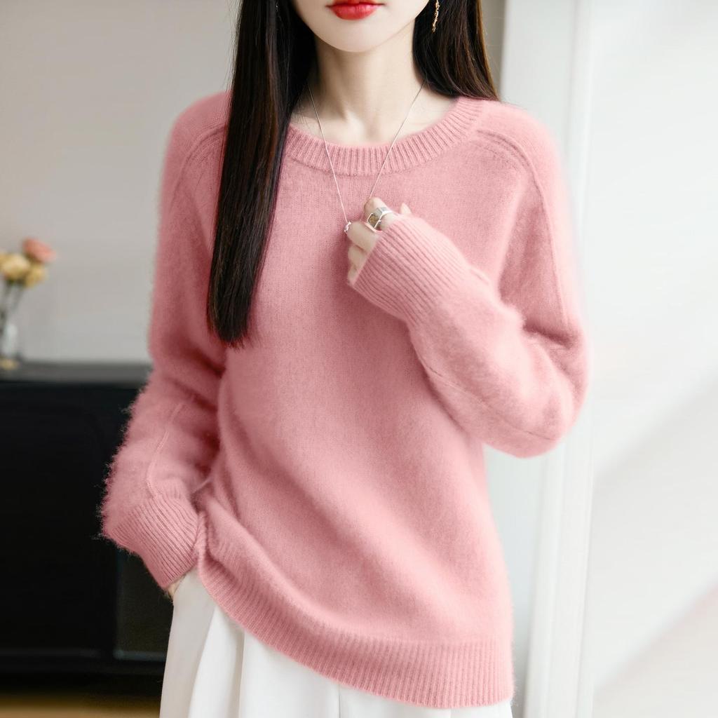 Elegant Double-Strand Round Neck Wool Sweater for Women – Long Sleeve, Loose Knit Cashmere, Slimming Design