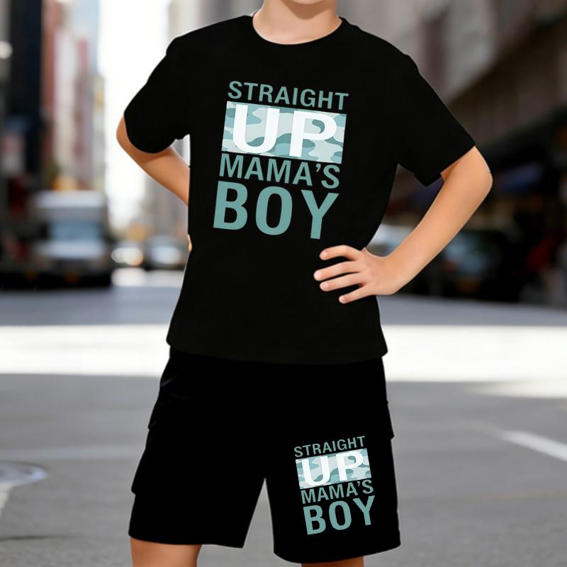 

Boys 2 Piece Mama s Boy themed print Outfit, Short Sleeve T-Shirt and Shorts Set for Kids Age 5-14,Black and White Sporty Casual Summer Clothes 5-6 Years чёрный