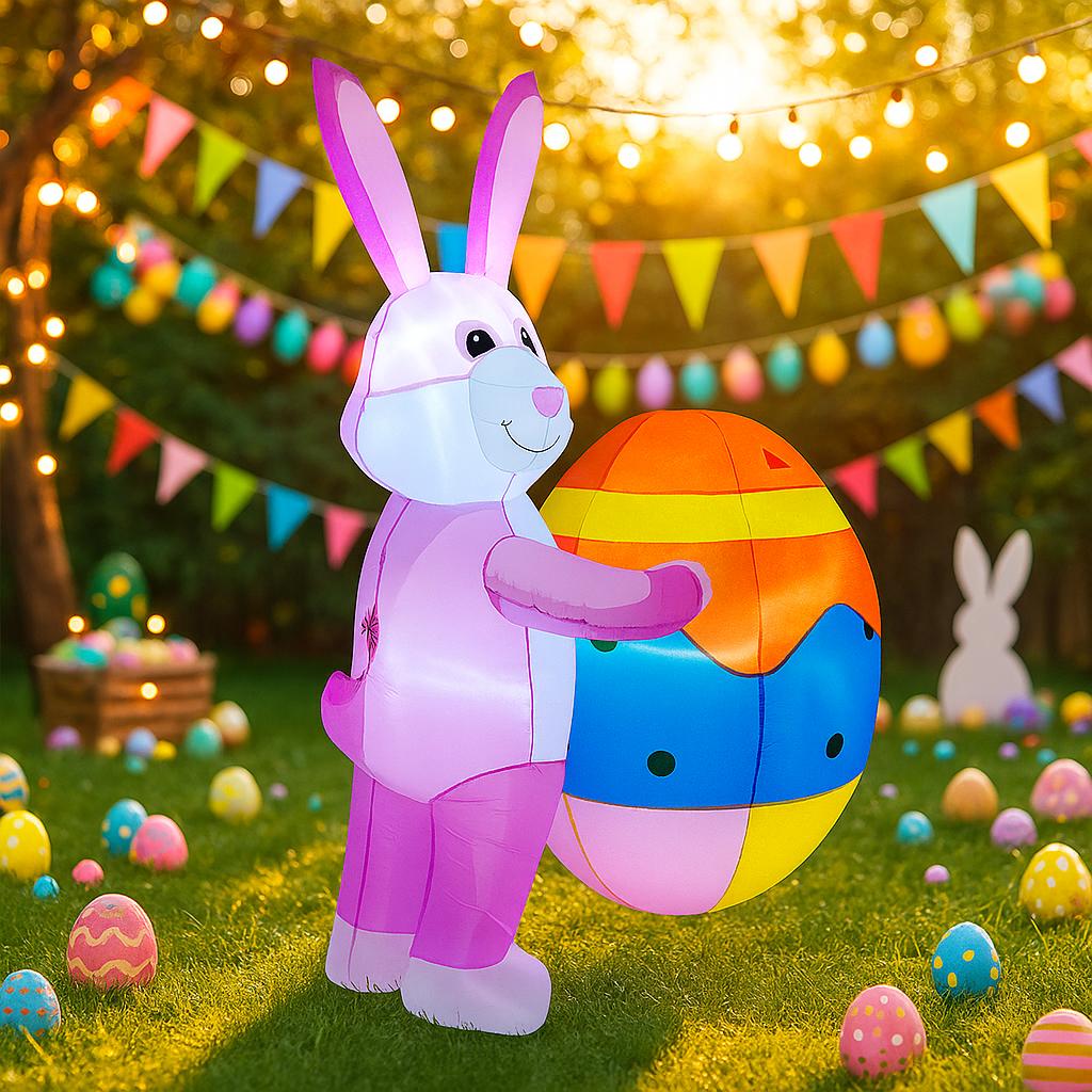 1.8M/5.9FT Inflatable Model Easter Holiday Festival Rabbit Support Easter Egg DIY Decoration Outdoor Garden Yard LED Light Decor