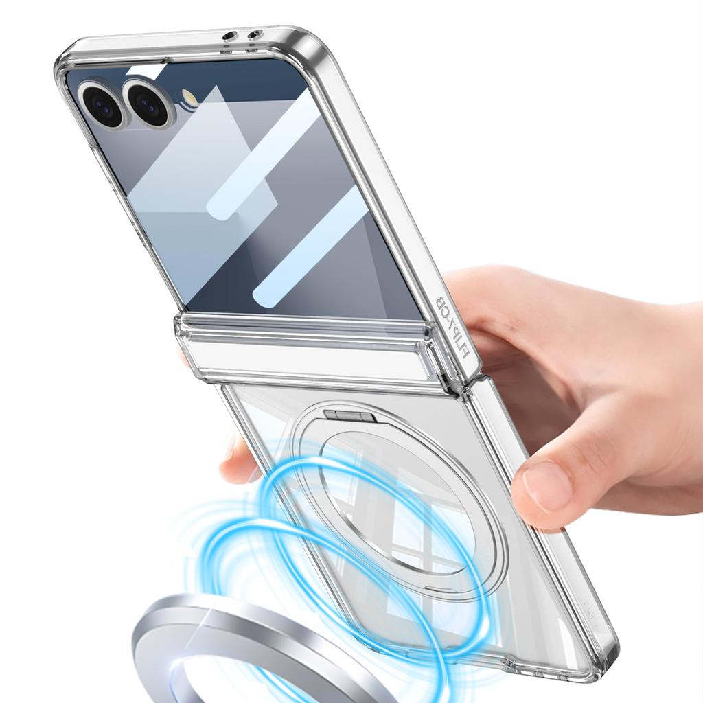 Suitable for Samsung Flip7 Transparent Tpu Mobile Phone Case Without Yellowing Airbag Rotation Shaft Full Cover Magnetic Suction Rotating Bracket