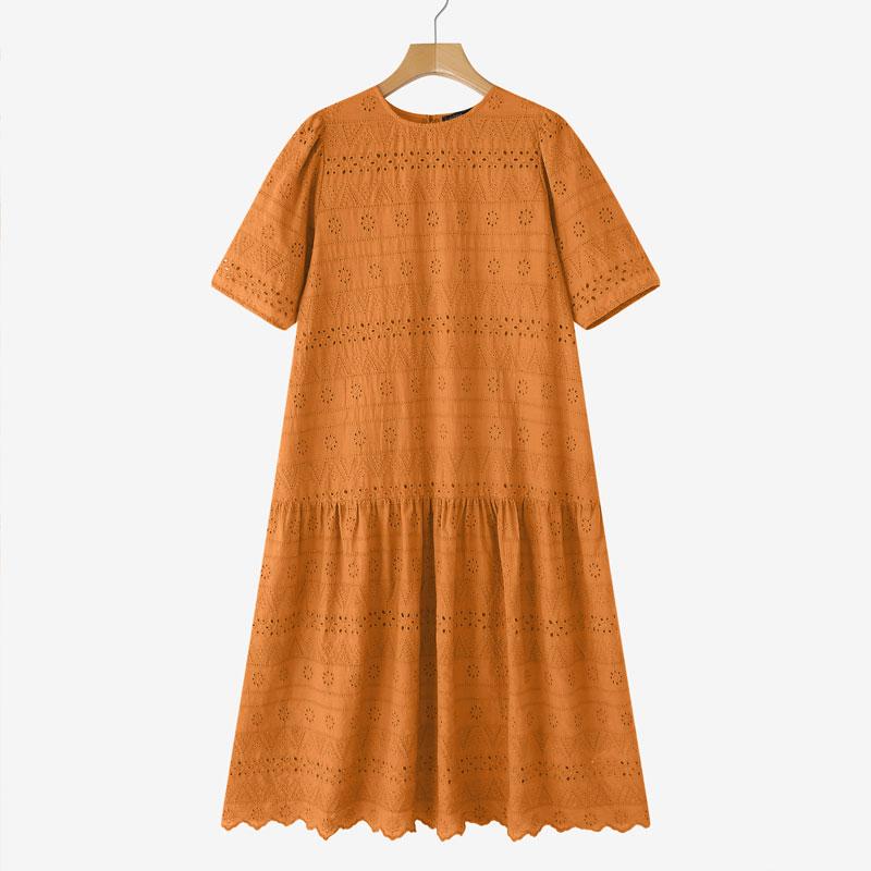 ZANZEA Women Casual Round Neck Loose Half Sleeve Lace Dress