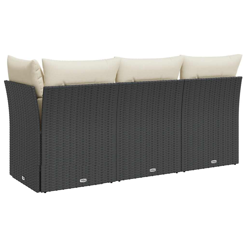 Vidaxl Garden Sofa With Cushions, 3-Seater, Black, Poly Rattan