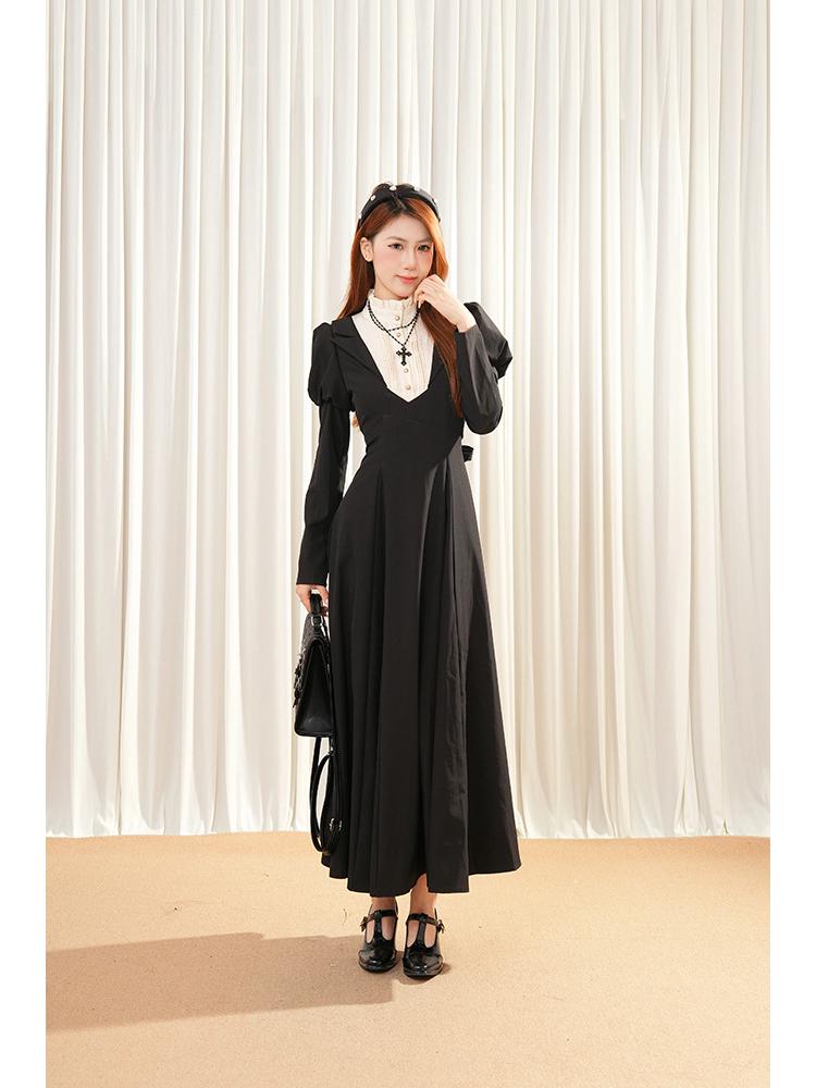 Gothic Lolita Retro Schwarz Farbblock Puffärmel Taillenbetonendes Langes Kleid