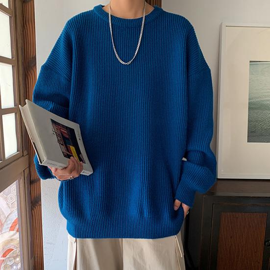Men Sweater Solid Color Round Neck Long Sleeves Anti-shrink Stretchy Knit Loose Pullover Elastic Autumn Sweater Men Clothes