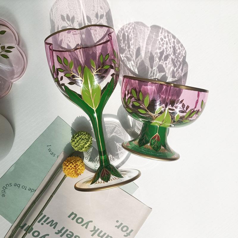 Rakouský středověký pohár na šampaňské křišťálové sklo pohár na červené víno růžový ručně malovaný miska na zmrzlinu vintage květinový pohár