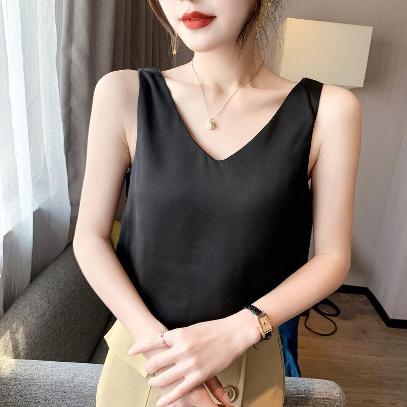 

Женские модные повседневные летние весенние однотонные блузки и рубашки без рукавов с v-образным вырезом и принтом L чёрный