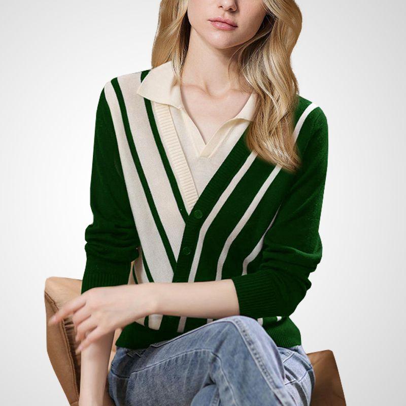 

Color Matching Sweater Retro Sweater Top Fake Two-Piece Green M