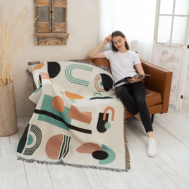 Double-Sided Cotton Woven Throw Blanket with Tassel Jungle Bohemian Style Tapestry Shawl Multi-Function Decorative Throws for Sofa Bed Armchair