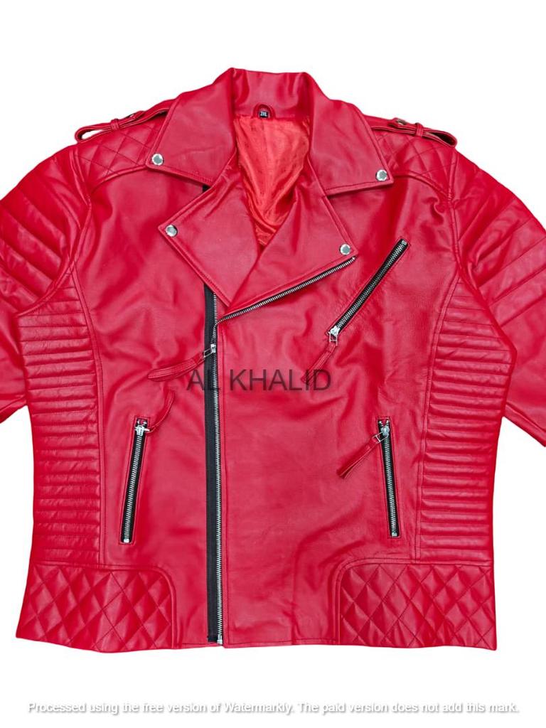 Stylish Men's Fashionable Red Biker Motor Genuine Soft Lambskin Leather Jacket