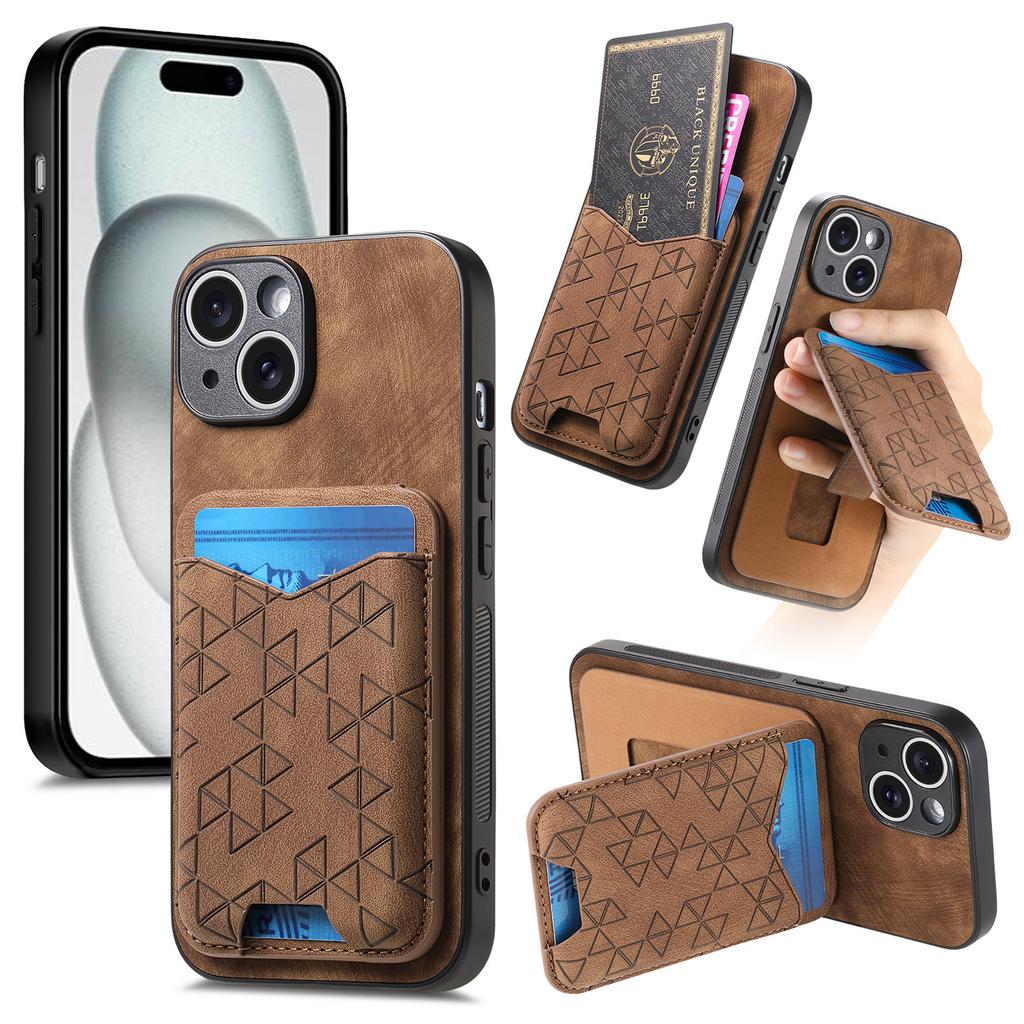 For iPhone 15 Case Imprinted Pattern Card Holder Kickstand Leather Back Cover