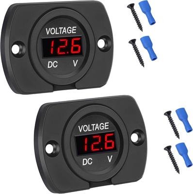 2 szt. Wodoodporny woltomierz samochodowy DC 12V 24V Panel z cyfrowym wyświetlaczem LED, Okrągły wskaźnik napięcia z zaciskami do samochodu/motocykla/przyczepy kempingowej/ciężarówki/łodzi