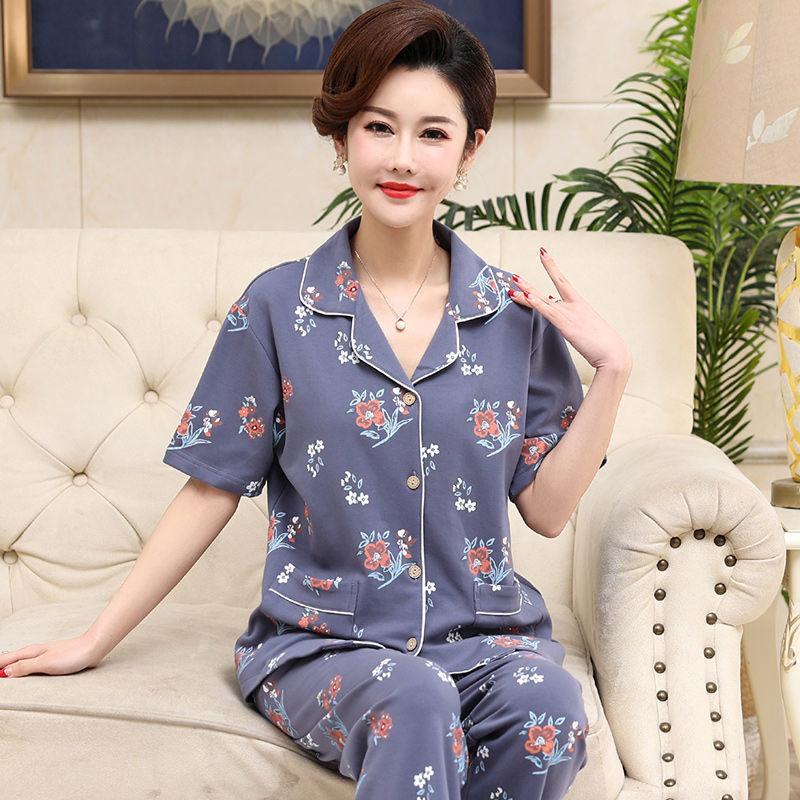 Summer cotton pajamas women's short-sleeved trousers middle-aged women's plus-size cardigan set thin loungewear