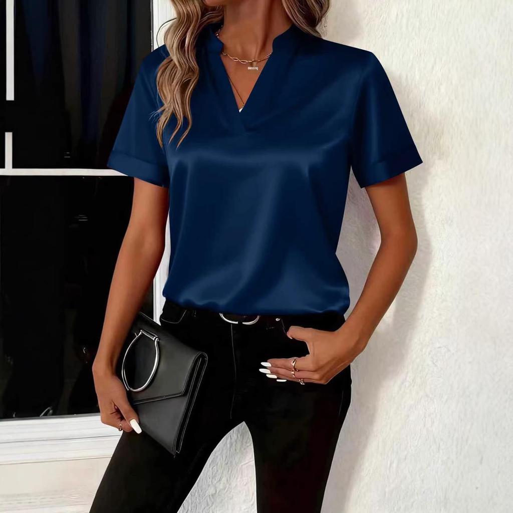 Damen Frühlings-/Sommer-V-Ausschnitt Locker geschnittenes Hemd: Elegantes, vielseitiges, schlichtes Design.