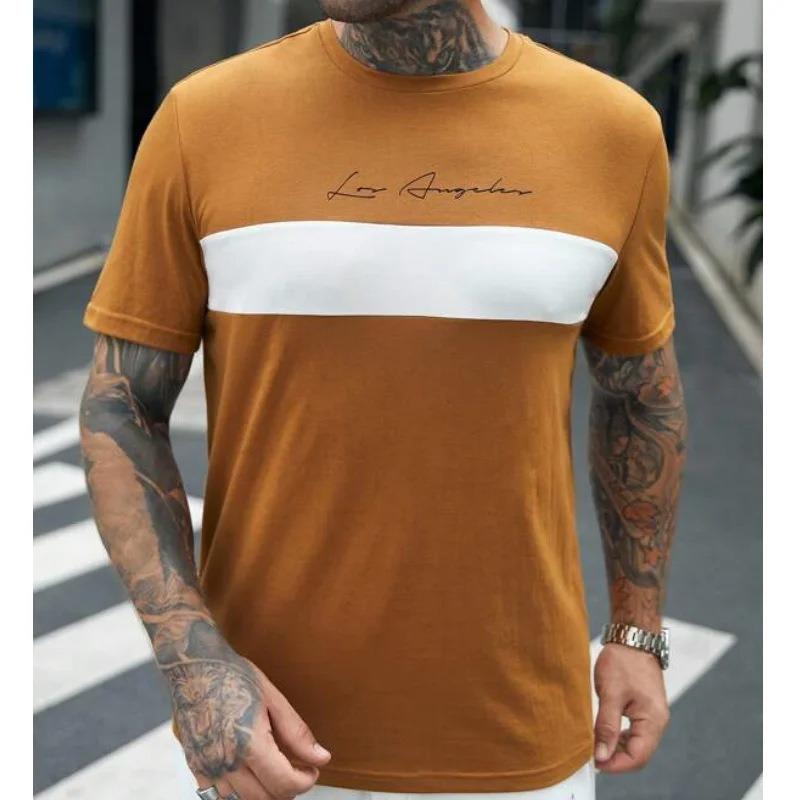 Men Summer New Printed Color Block Short Sleeve Crew Neck T Shirt Casual Contrast Top