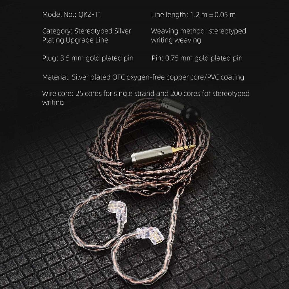 8-Strand QKZ T1 Headphone Cord Silver Plated 0.75MM 2Pin KZ Earphone Cable 200 Core TC 3.5mm Jack KZ Wired Headphones