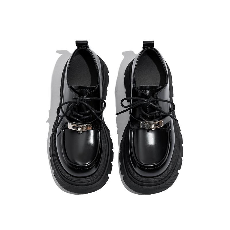 Black Lace-up Small Leather Shoes for Women's Spring New British Style Versatile Single Shoes for Women