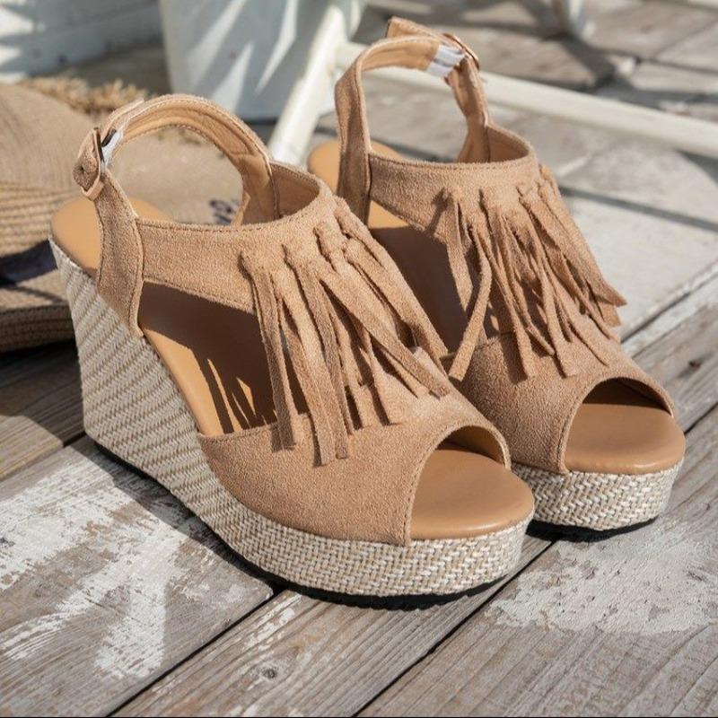 

Модные женские танкетки Размер 36-43 Лето 2025 Флоковые сандалии с кисточками Декор Ремешок на щиколотке Мужские Повседневные Платье Платформа Обувь 36 хаки