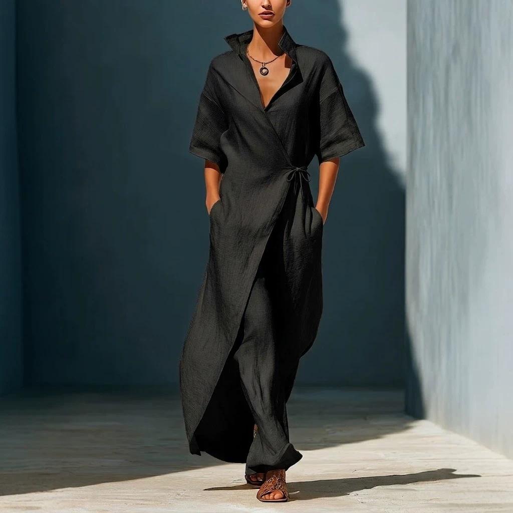 Summer New Style Casual V-neck Short-sleeved Belt-wrapped Fitted Slimming Figure-enhancing Blouse Dress