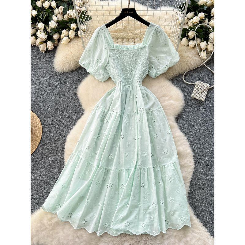 French style Gentle Chic Square Collar Puff sleeve Hollow Embroidery Dress Women Summer Waist Hugging Slimming A Word First Love Skirt
