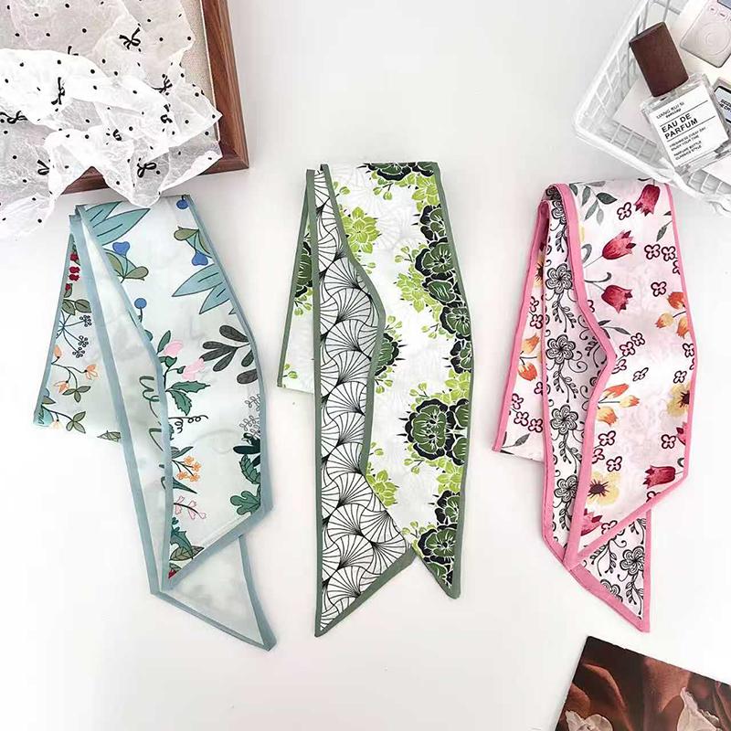 Korean Fashion Colorful Flowers Women Twill Ribbon Small Scarf Binding Bag Handle Ribbon Hair Band Small Scarf Headband
