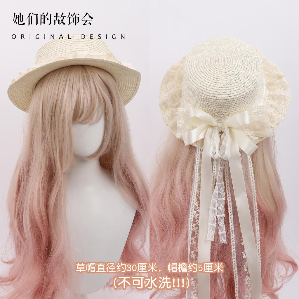 Mori Pastoral Original Handmade Lolita Sun Hat White Sweet Lace Bow Ribbon Straw Hat