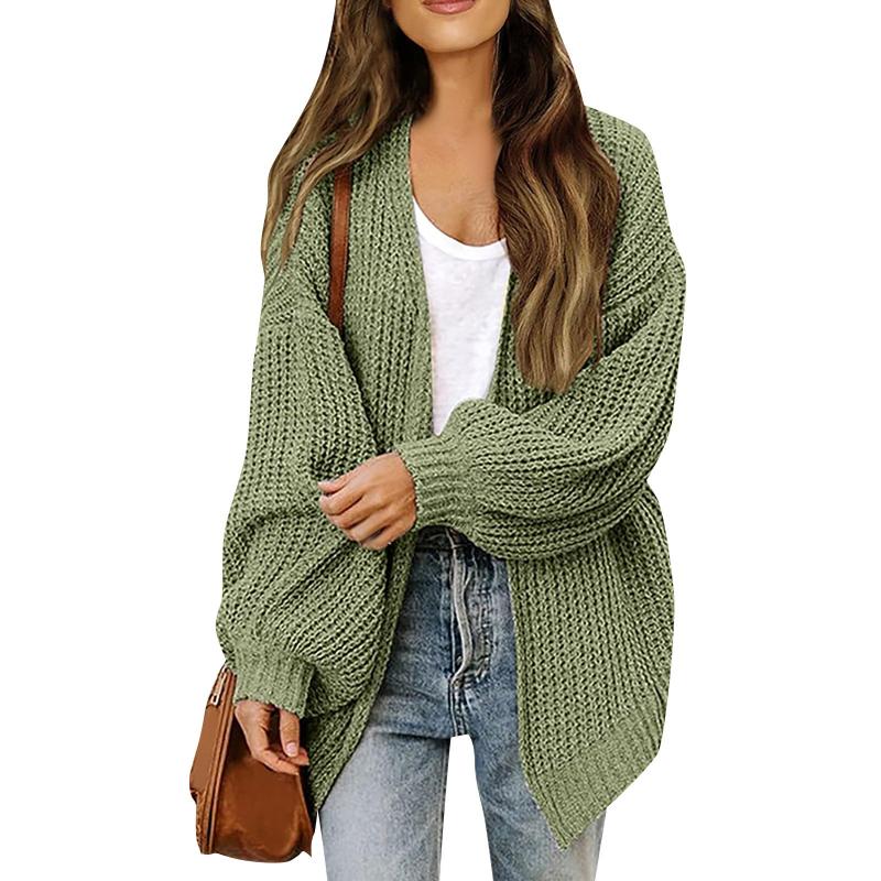 Chunky-Knit Lantern Sleeve Cardigan for Women: Autumn Winter Pocketed Outerwear Knit Sweater