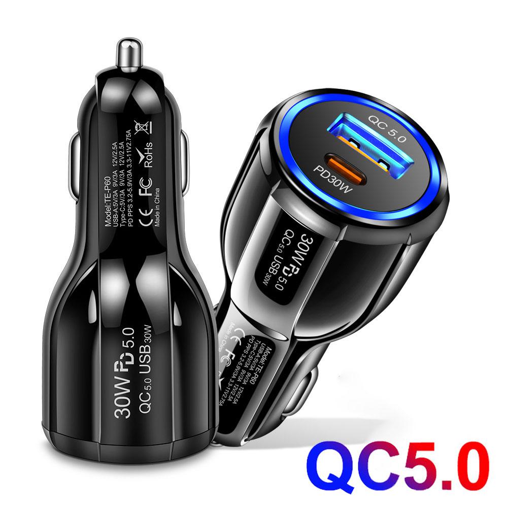 60W Dual Port QC5.0 USB PD 3.0 Fast Car Charger Super Fast Charging Adapter For Mobile Phone