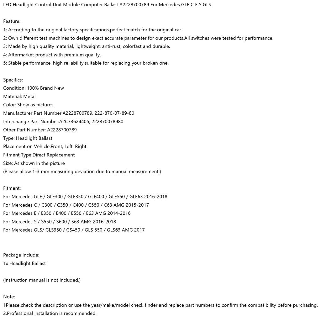 LED Headlight Control Module Computer Ballast A2228700789 For Mercedes GLE C E S