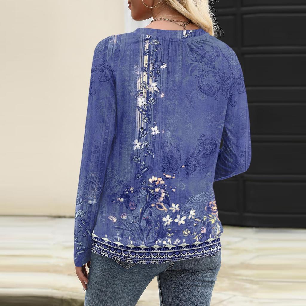 Women's Casual Fashion V-Neck Raglan Pleated Floral Print Long Sleeve Top