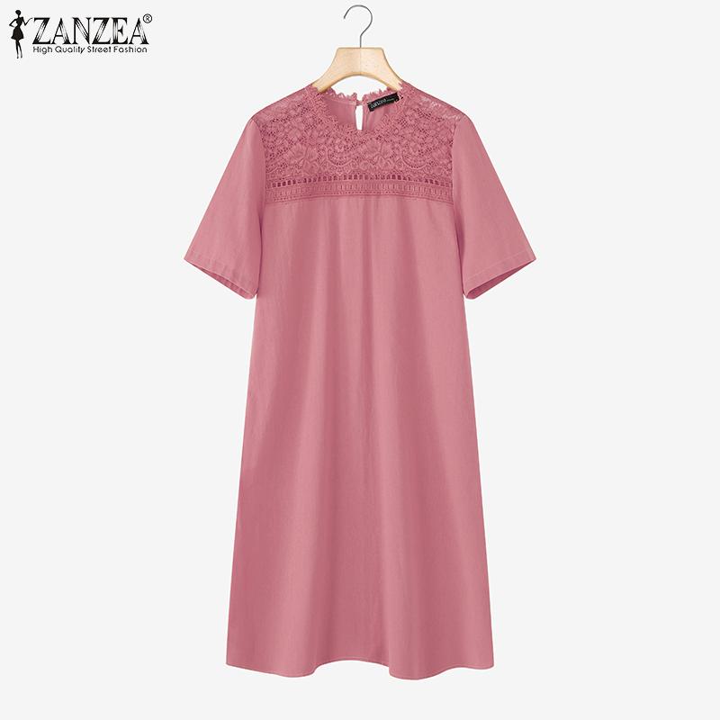 ZANZEA Abito Tunica Casual Vintage da Donna con Scollo Rotondo e Maniche Corte con Patchwork di Pizzo