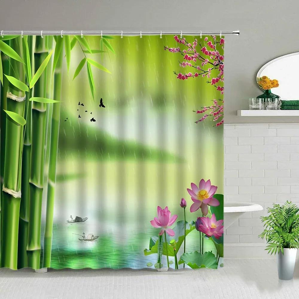 Chinese Style Ink painting Bamboo Landscape Shower Curtain Flower Bird Scenery Bathroom Waterproof Cloth Bath Curtains With Hook