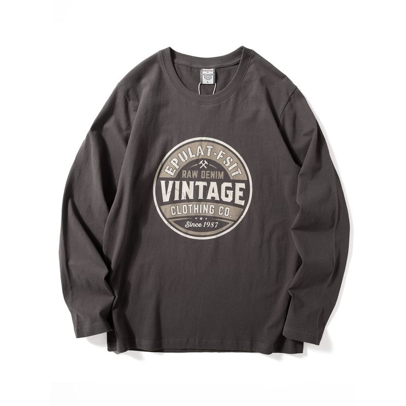 Long-Sleeved T-Shirt for Men 2025 Autum New Style American Retro Printed Pure Cotton Brushed T-Shirt Round Neck Casual Bottoming Shirt