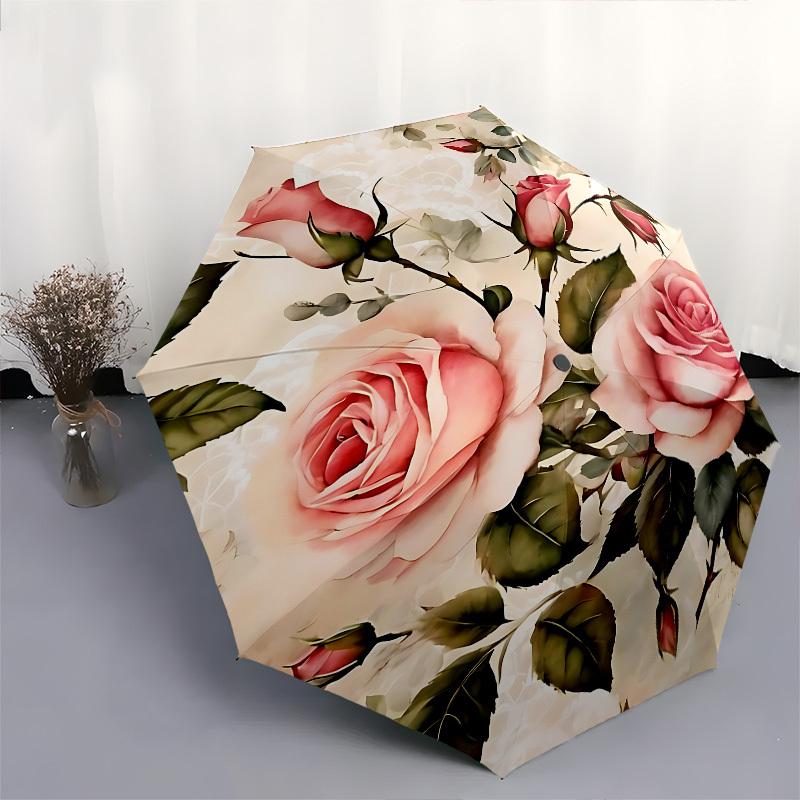 1pc Rose Floral Umbrella with 8 Iron Ribs and a Plastic Handle, Automatic Opening and Closing, Portable and Foldable1095
