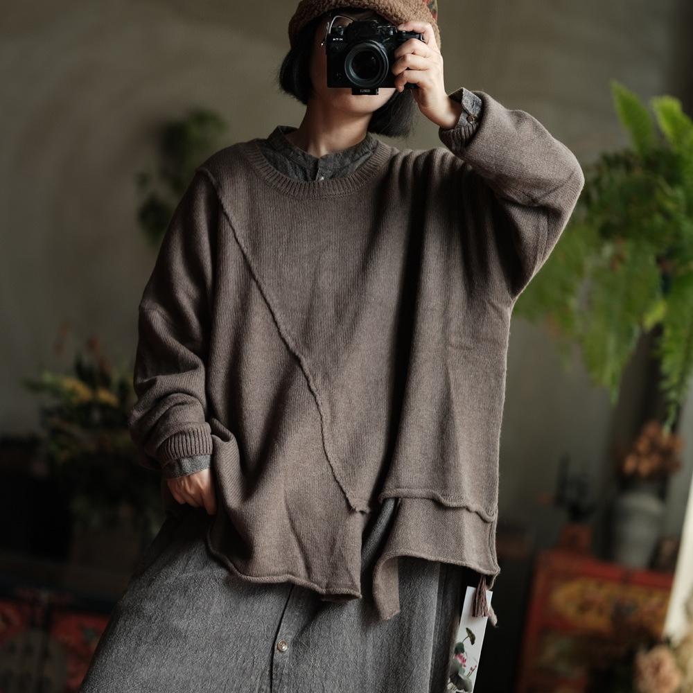 Johnature Women Vintage Pullover Sweaters Solid Color Irregular Patchwork O-Neck Long Sleeve Knitted Autumn Winter Sweaters
