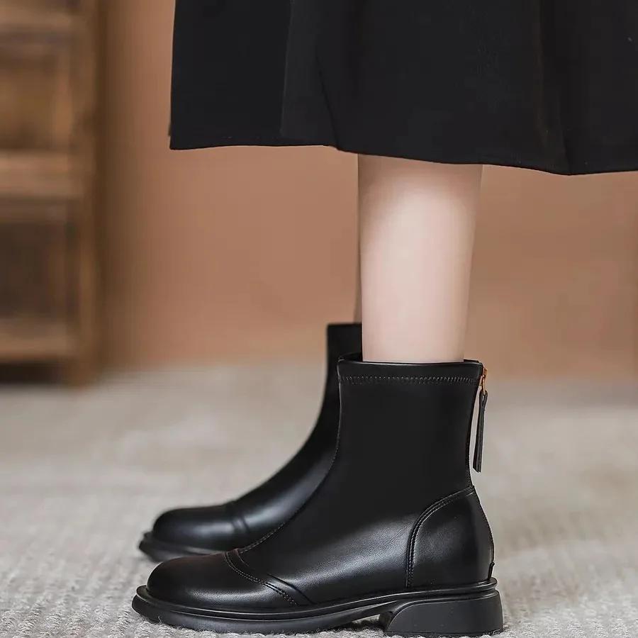 Fashion Ankle Boots for Women Fall/Winter Black Round Toe Low-heeled Zipper Booties British Style Chunky Heel Non Slip Women Botas Mujer