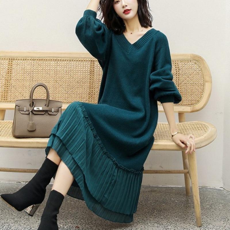 Autumn New Loose Large Size Knee Knitted Skirt Medium and Long Slim Splicing Inner Sweater Long Skirt