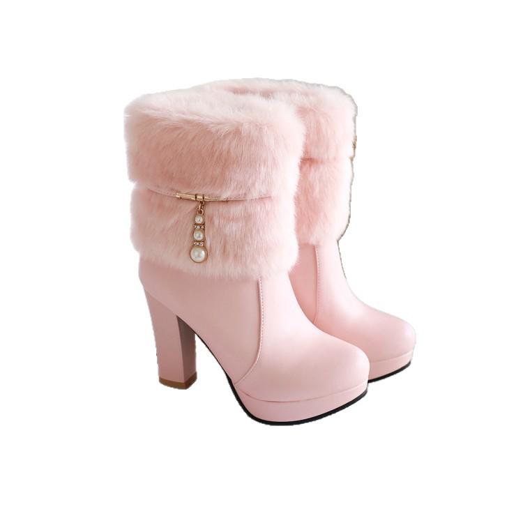 Waterproof Plush High Heel Ankle Boots with Velvet Lining - Autumn/Winter Turn-up Chunky Platform