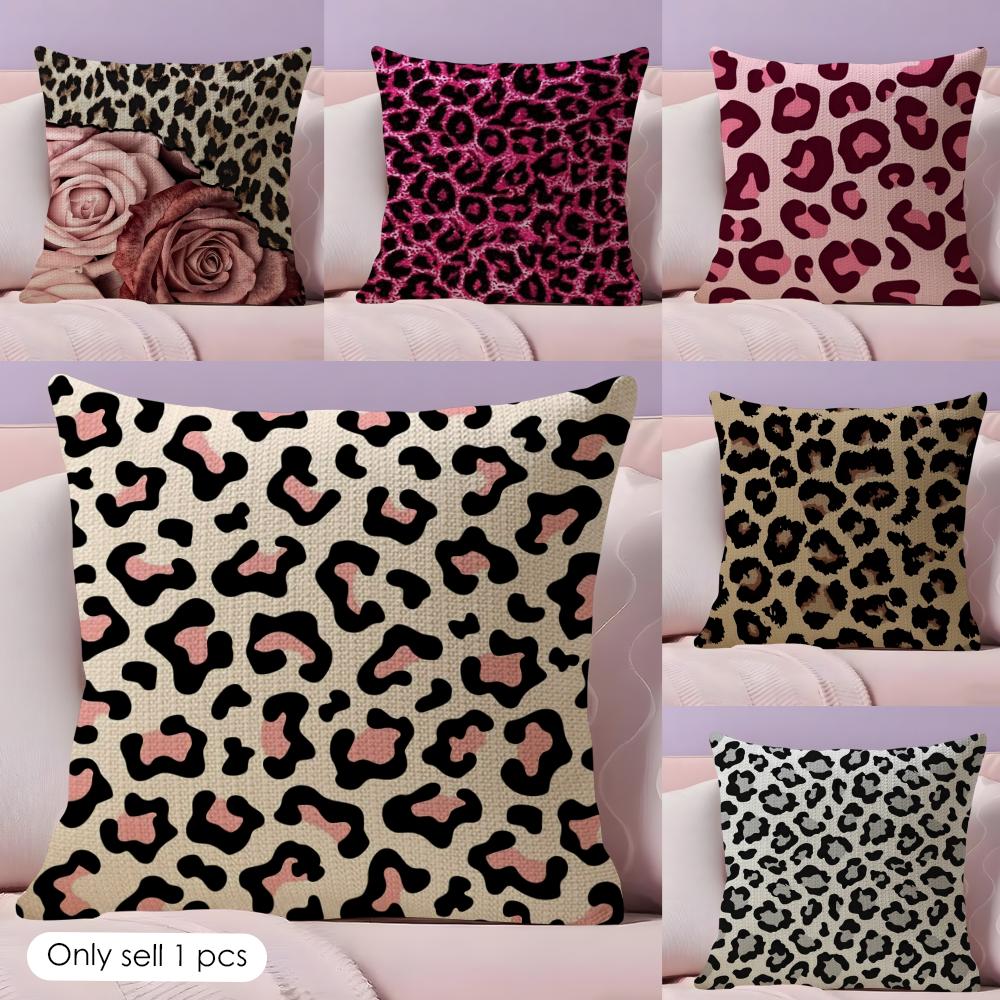 Rosa Leopardenmuster Kissenbezug Natürlicher Leinenstoff Beidseitiger Druck Zierkissenhülle für Sofa Couch Heimdekoration