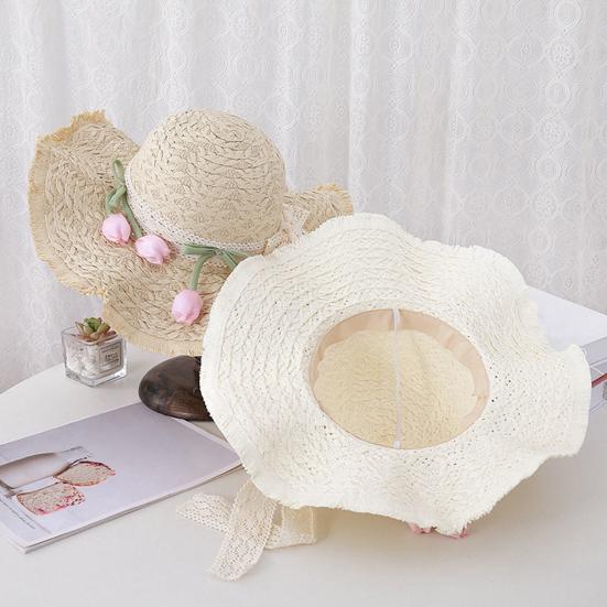 Summer Beach Hat Wavy Fringe Detail Tulip Decor Lace Ribbon Straw Hat French Style Foldable Portable Outdoor Travel Hat