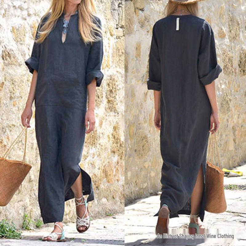 

European & American V-neck Plus Size Mid-Sleeve Split Long Dress for Women M темно-серого